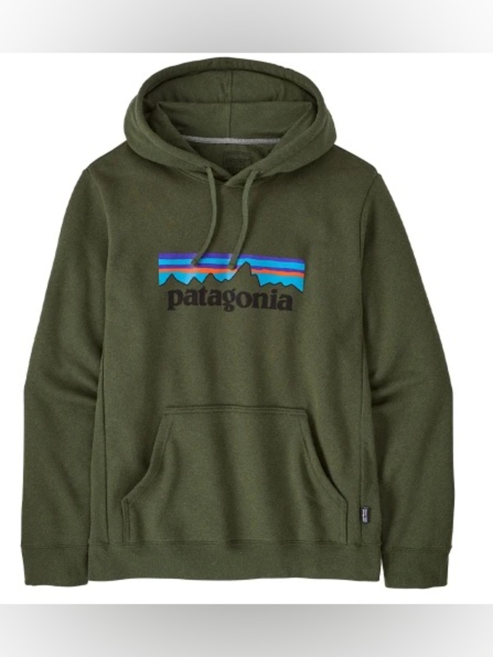 Patagonia Olive Green Pullover Hoodie with Patagonia logo and front pocket